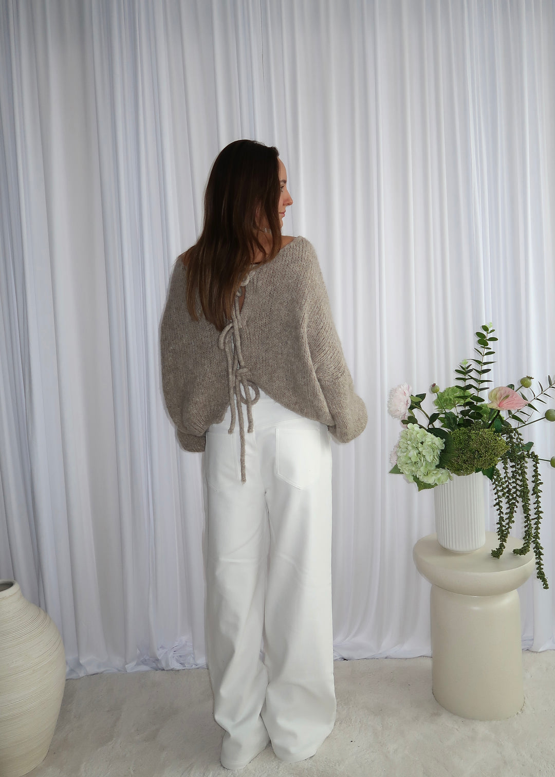 Bow Langærmet Cardigan - Taupe