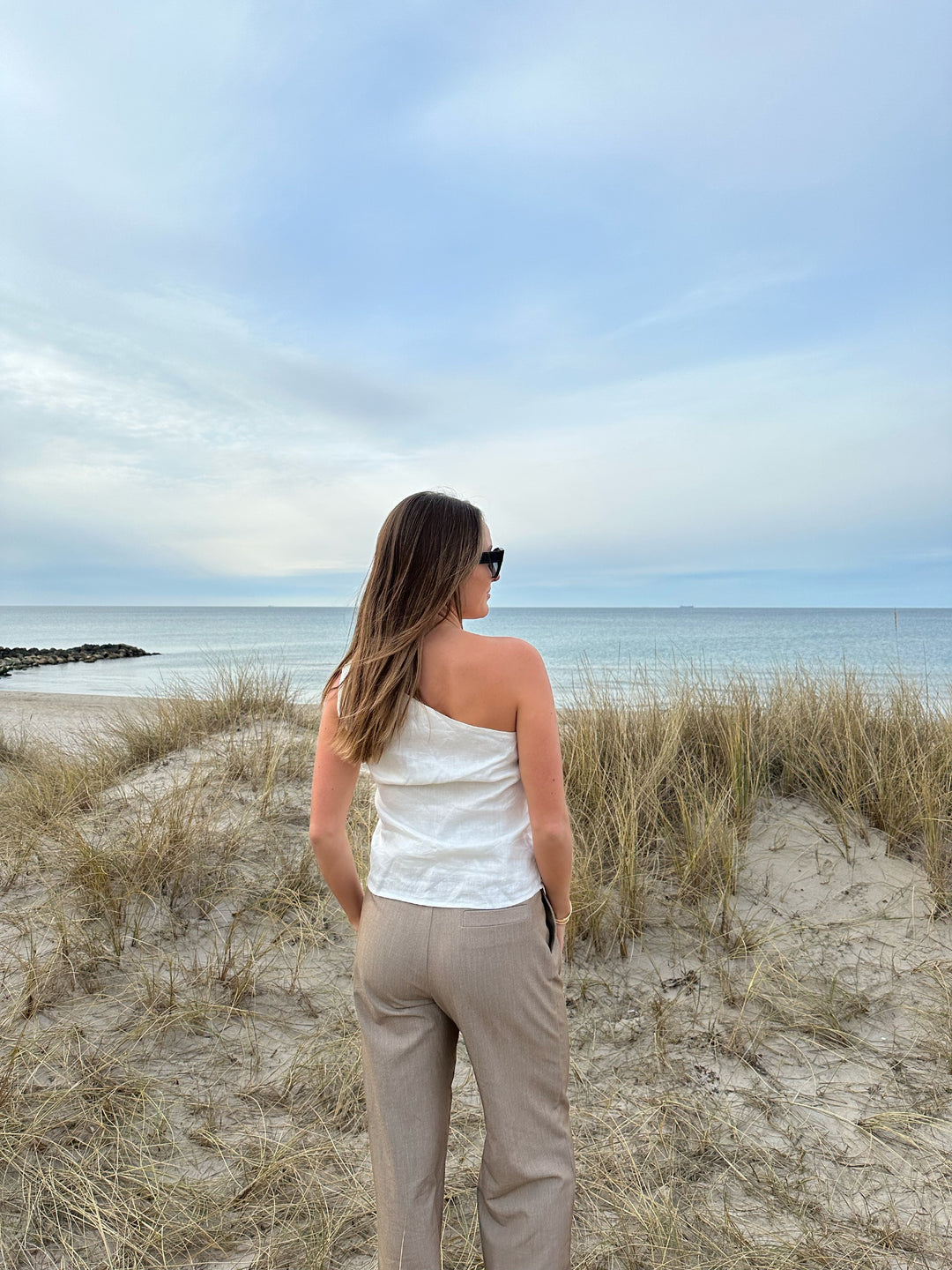 One shoulder linen top - White